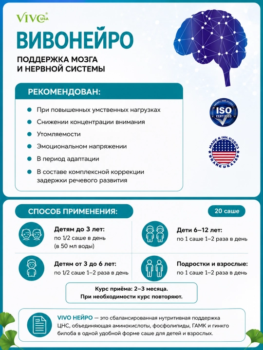 VIVO NEYRO — для памяти, концентрации, нервной системы | аминокислоты, гинкго билоба, ГАМК