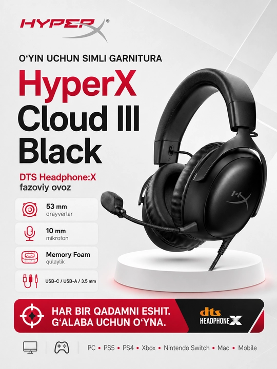 HyperX Cloud III DTS Headphone:X bilan simli o‘yin quloqchinlari mikrofon bilan