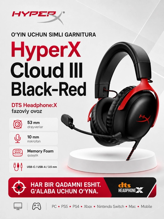 HyperX Cloud III проводная игровая гарнитура с микрофоном и DTS Headphone:X