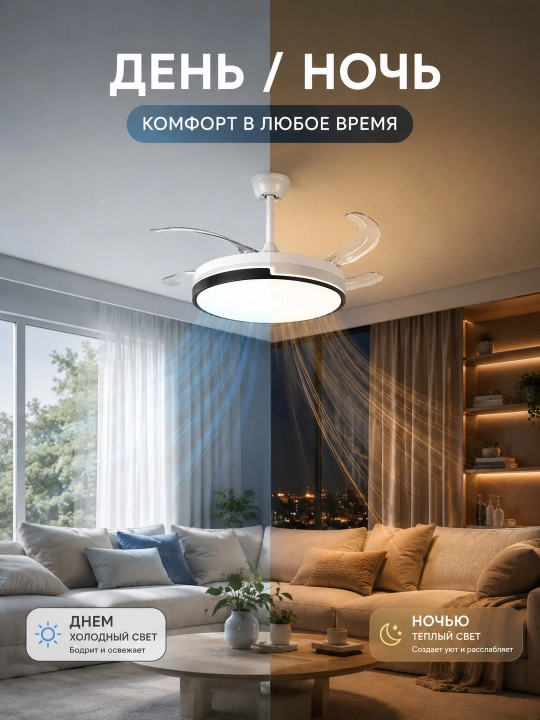 Люстра вентилятор потолочная LED с пультом и скрытыми лопастями 3 режима света до 20 м²