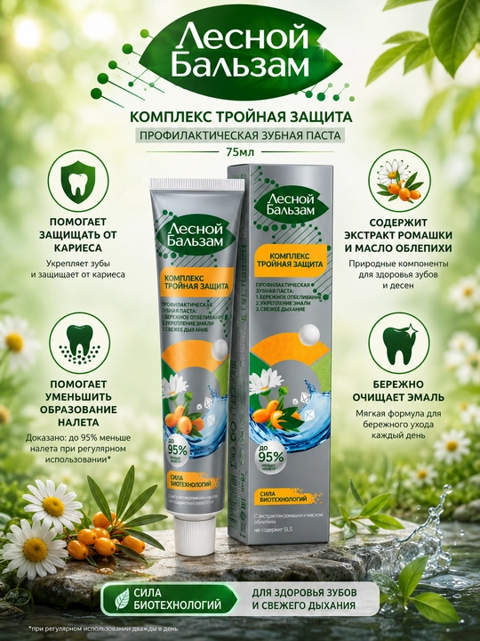 Lesnoy Balzam “Uch karra himoya” tish pastasi Romashka va chakanda bilan, 75 ml - 