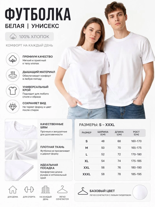 Футболка мужская и женская, 100% хлопок, мягкая дышащая ткань, базовая, однотонная