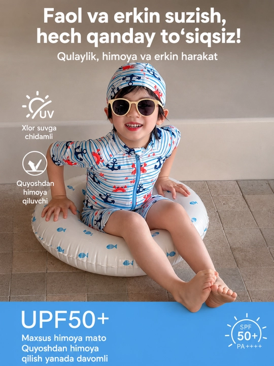 Bolalar uchun UV himoyali, tez quriydigan suzish kiyimi SPF 50+ P++++