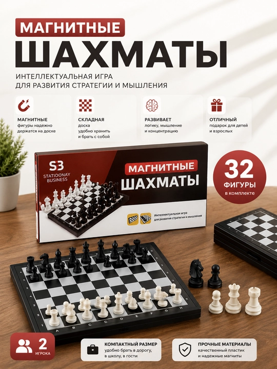 Bolalar va kattalar uchun magnitli shaxmatlar. O‘yin va rivojlanish uchun ixcham to‘plam mantiq - 