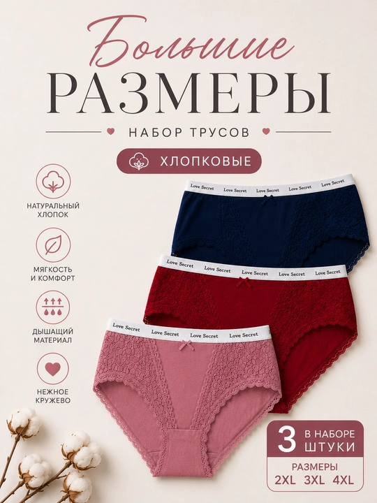 Женские трусы, набор слипов, трусы больших размеров, хлопок, хлопковые трусы - 