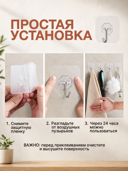 Крючки самоклеящиеся, пластиковые, набор для кухни и ванной