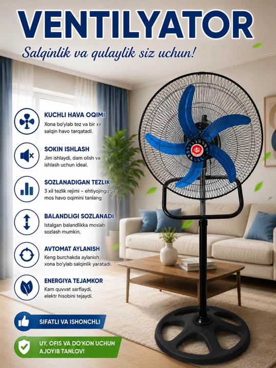 Ventilyator 5 parrakli, kuchli va jim 3 tezlik, balandligi sozlanadi, shovqinsiz - 