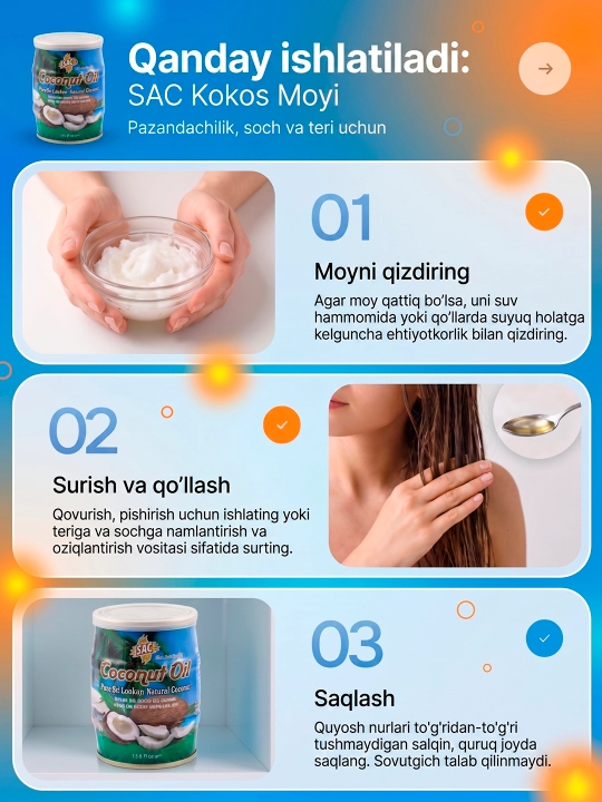 Kokos moyi SAC sovuq press, 400 ml, soch teri uchun, Shri-Lanka tabiiy oziq-ovqat