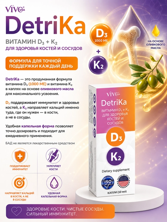 DetriKa® Vitamin D3 + K2 tomchi  — immunitet, suyaklar va qon tomirlari uchun - 
