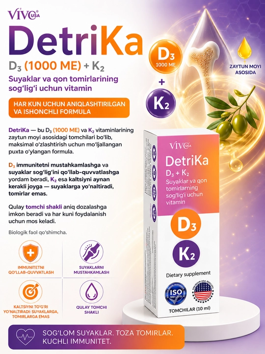 DetriKa® Vitamin D3 + K2 tomchi  — immunitet, suyaklar va qon tomirlari uchun