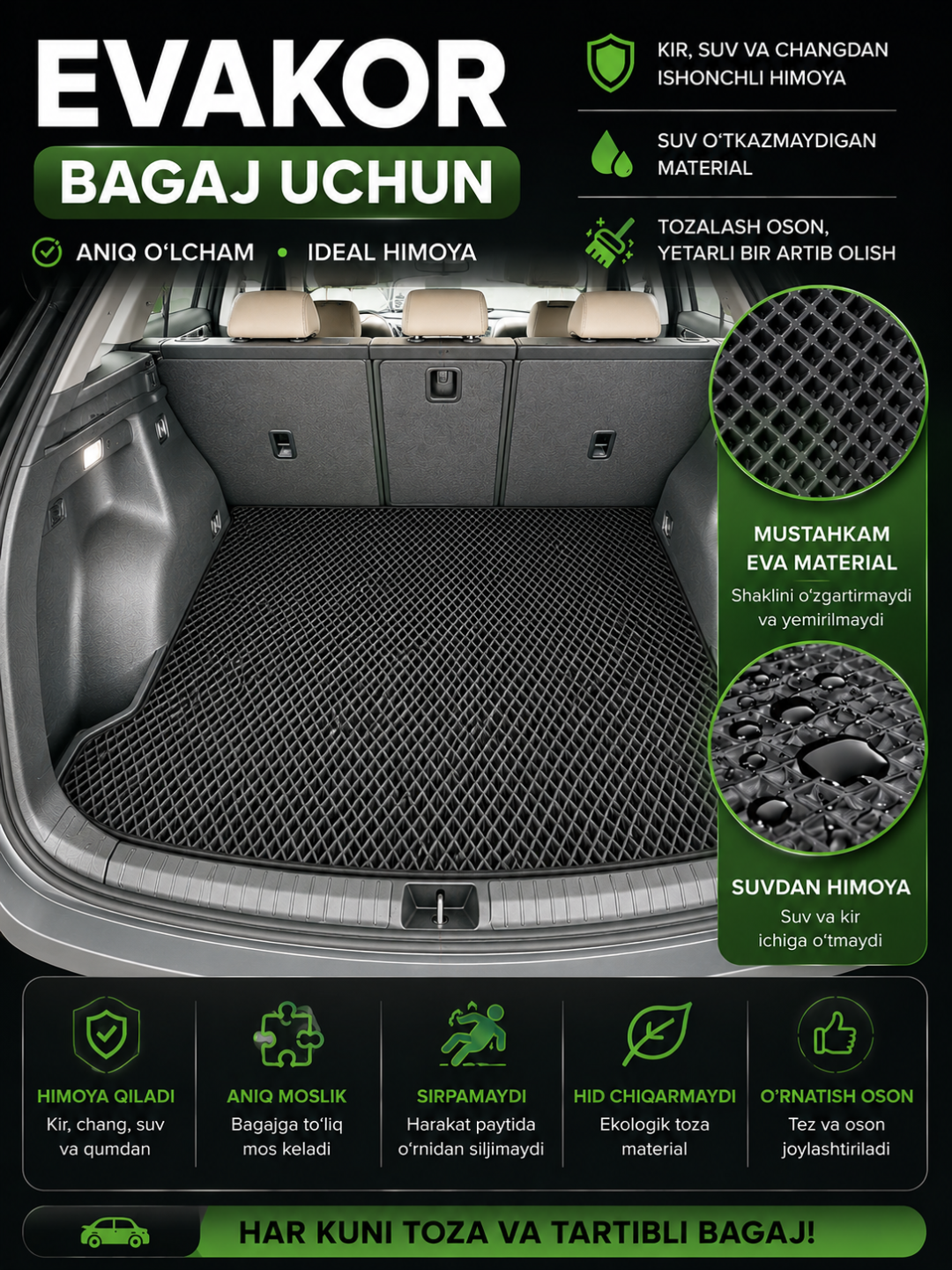 Charm va EVA materialdan avtomobil yukxonasi uchun mustahkam, suv o'tkazmaydigan gilamcha