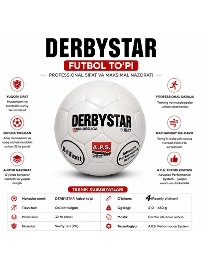 DERBYSTAR futbol to‘pi Size4 qo‘lda tikilgan professional mashg‘ulot va o‘yin uchun koptok - 