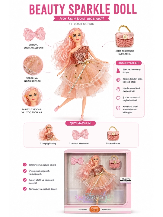 Beauty Sparkle Doll qo‘g‘irchoq to‘plami – sumkachali va aksessuarli qizlar uchun - 