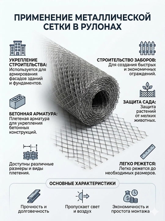 Setka Rabitsa — galvanizli metall to‘r, 2.5 mm qalinlik, 1 m² maydon, 10 m uzunlik