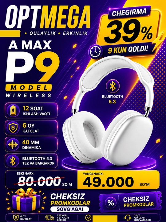 Simsiz quloqchinlar P9, to'liq o'lchamli, mikrofonli AI MAX, Naushnik