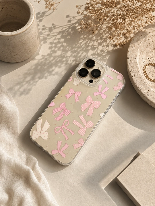 Qizchalar uchun pushti bantli iPhone g‘ilofi 11,12, 13, 14, 15, 16, 17, 17 pro, 17 pro max