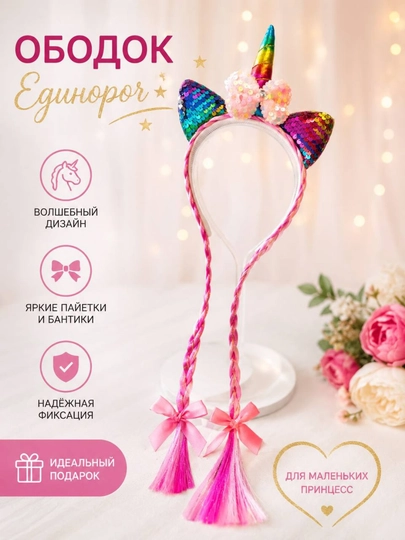 Ободок "Единорог" с цветными прядями, подарок для девочек — 4454-ЕДИНОРОГ-ФУКСИЯ