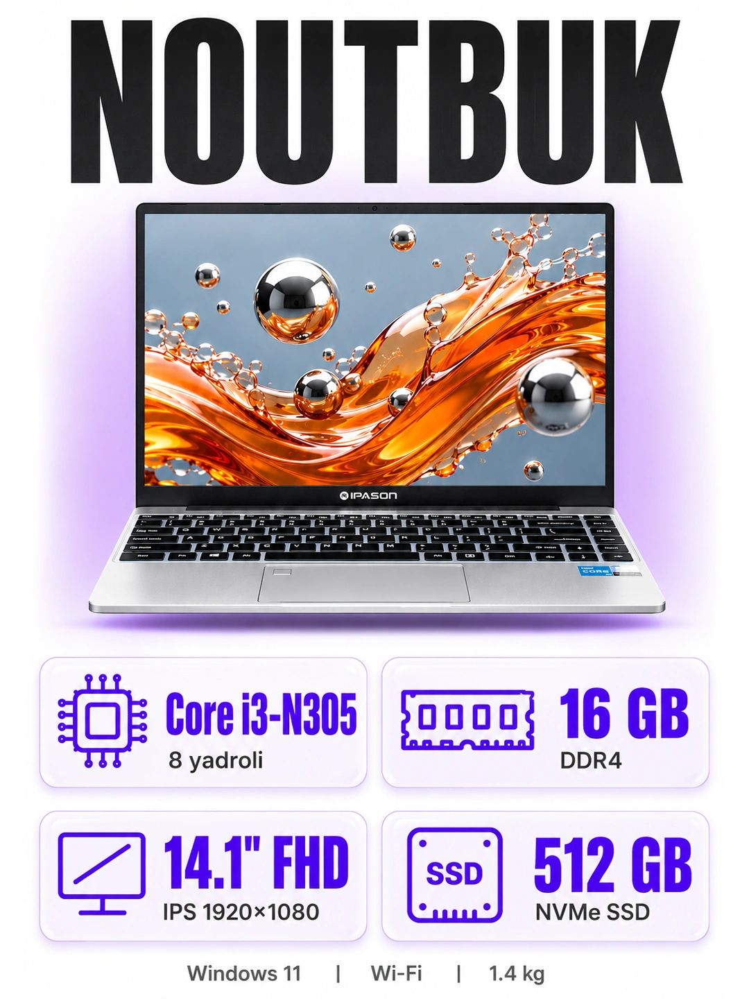Noutbuk IPASON Maxbook P3, Intel Core i3-N305, 16GB DDR4, 512GB SSD, 14.1" FHD IPS, Win 11 2