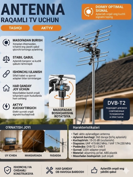 TV antennasi DVB-T2 uchun, ichki va tashqi passiv antenna, kuchli signal qabul qiluvchi - 