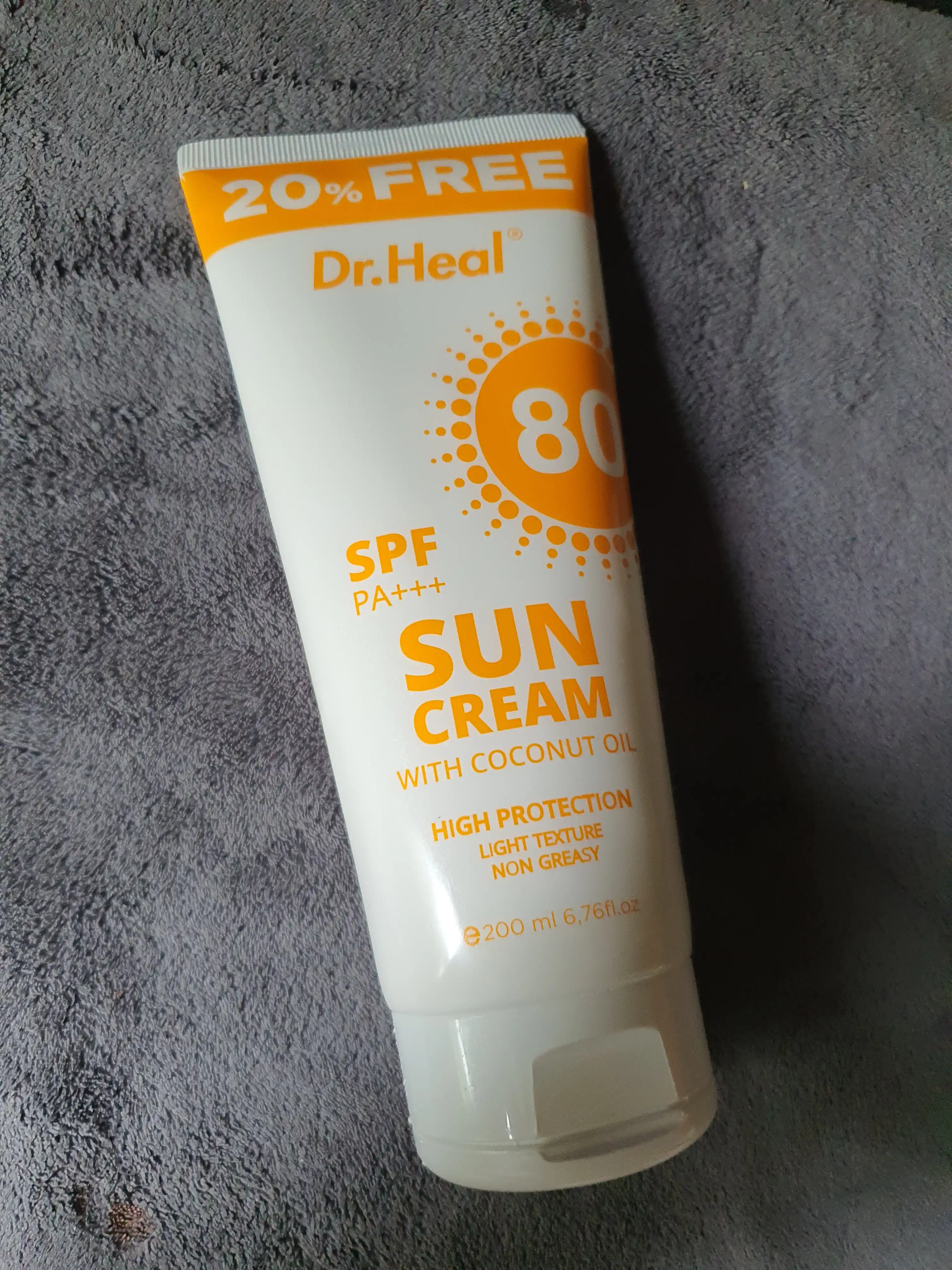 Dr. Heal SPF 80 PA+++ quyoshdan himoya kremi, E vitamini va kokos moyi, 200 ml