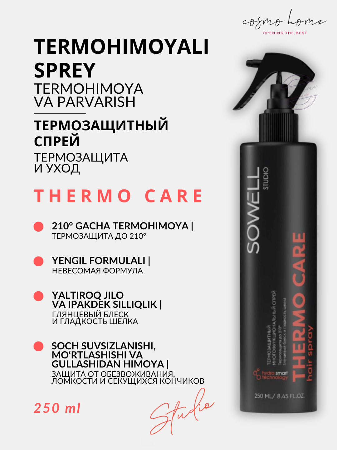 Термозащитный спрей для укладки волос SoWell Studio Thermo Care 250 мл - 