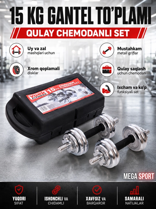 Gantellar to‘plami, sozlanadigan vaznli 15 kg, 20 kg, 30 kg, 55 kg - 