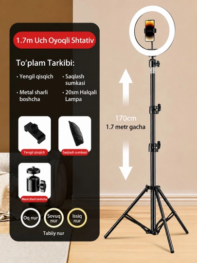 Ring lamp chiroq shtativ chirog'i bilan, pultli va monopod chirog'i