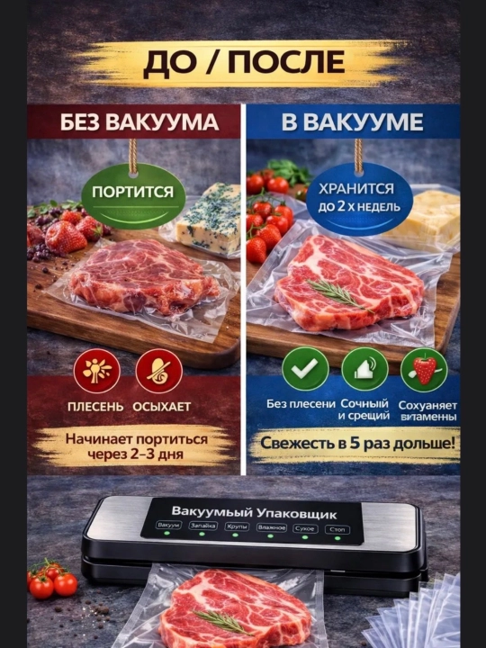 Вакууматор — вакуумный упаковщик продуктов, + 50 пакетов, машина для вакуумной упаковки
