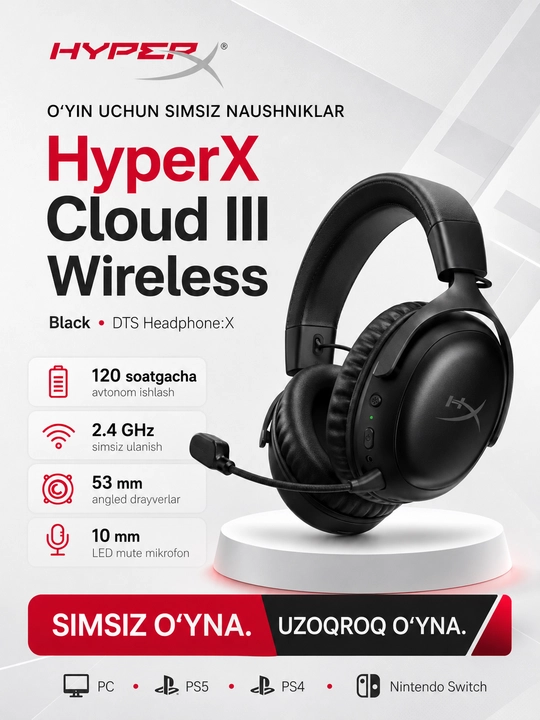 HyperX Cloud III S Wireless simsiz o'yin quloqchinlari 10 mm mikrofon bilan