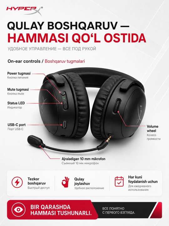HyperX Cloud III S Wireless simsiz o'yin quloqchinlari 10 mm mikrofon bilan