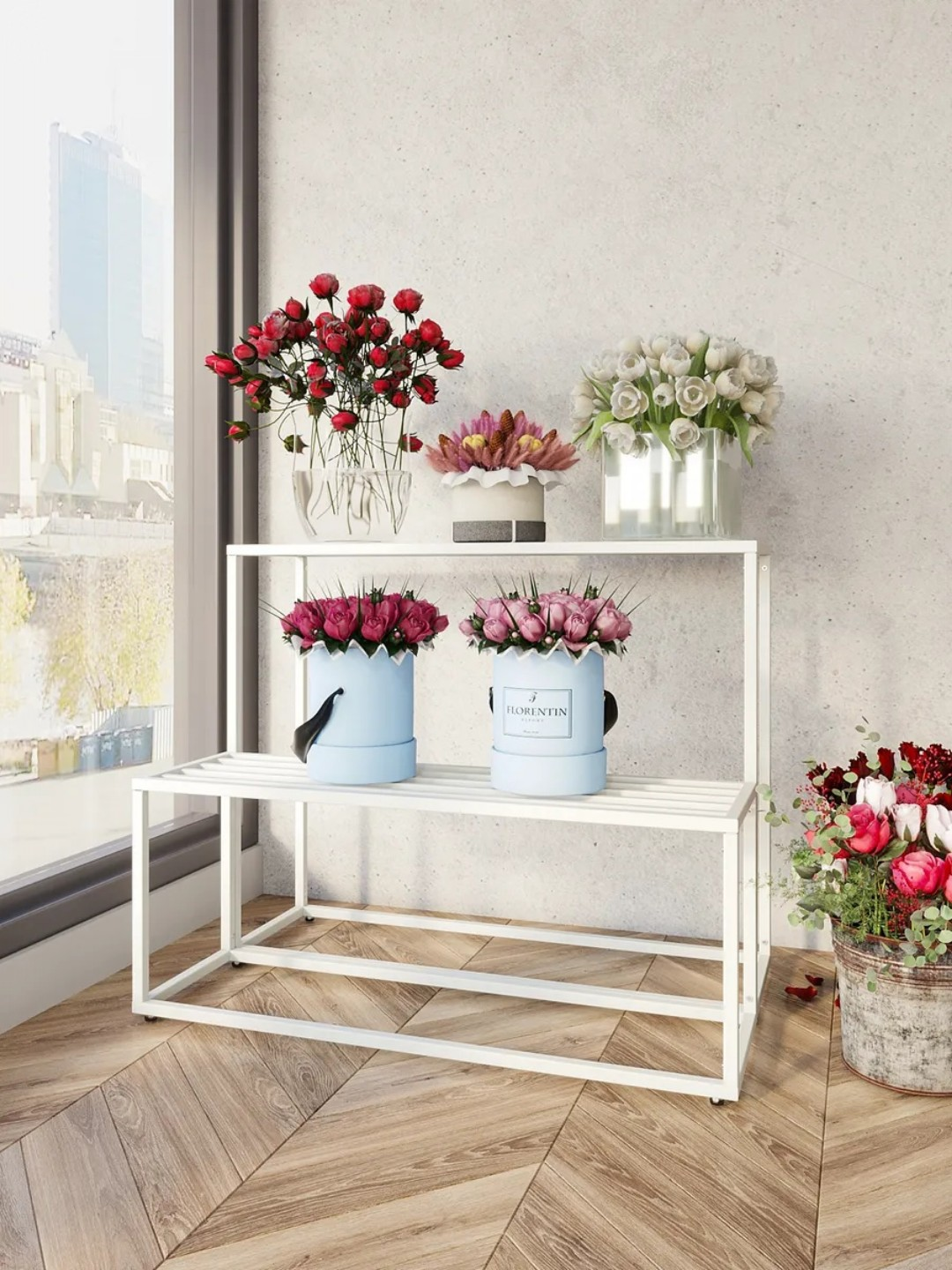 Metall gul tagligi to‘plami 3 dona – loft uslubidagi interyer uchun tagkursi - 