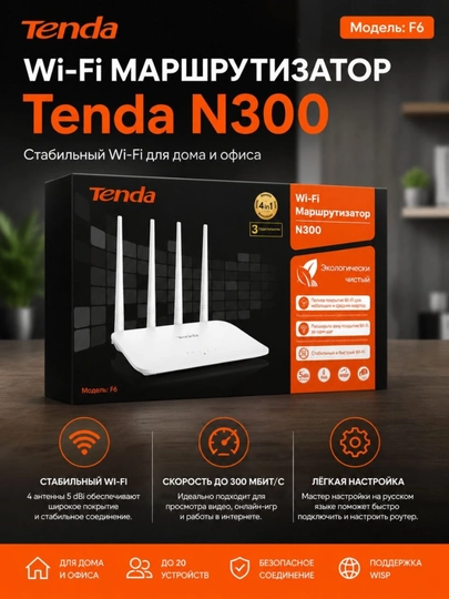Wi-Fi роутер Tenda F6 N300, беспроводной маршрутизатор с 4 антеннами для дома и офиса - 