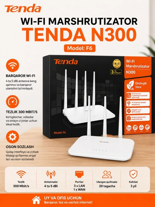 Wi-Fi роутер Tenda F6 N300, беспроводной маршрутизатор с 4 антеннами для дома и офиса