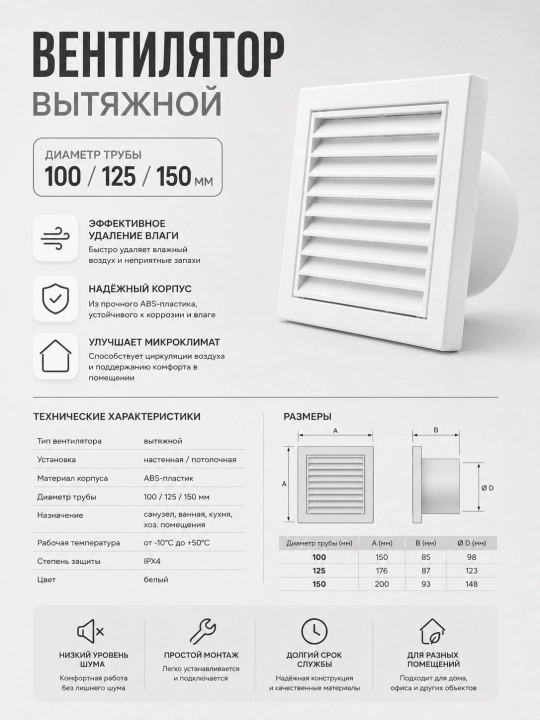 Вытяжной вентилятор 100/125/150 мм, с сеткой для ванной и туалета