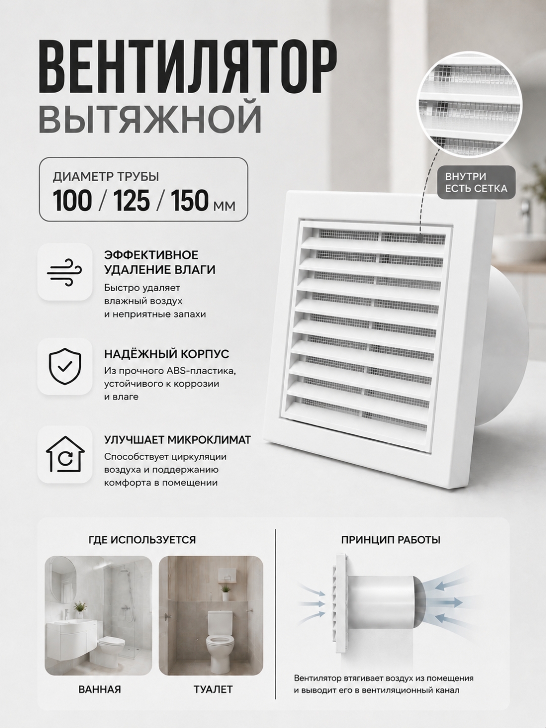 Вытяжной вентилятор 100/125/150 мм, с сеткой для ванной и туалета