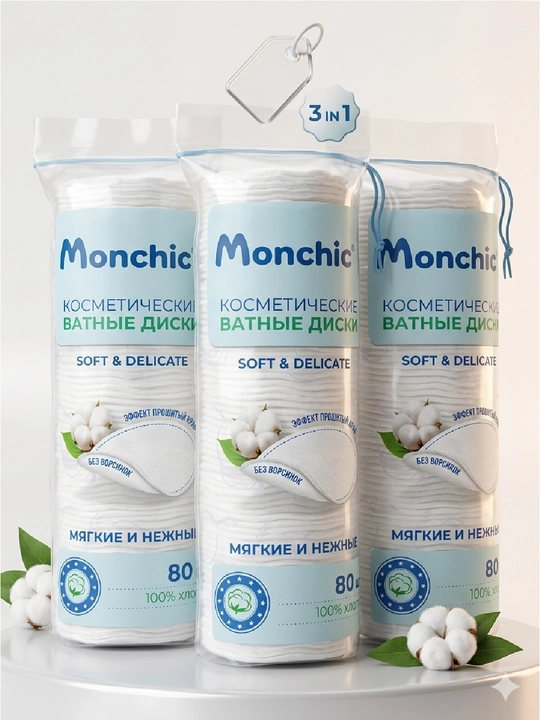 Monchico Cotton Pads, ватные диски, косметические, 3 упаковки 80 штук, 240 шт - 