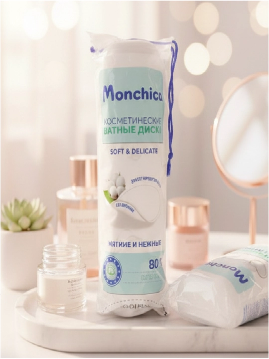 Monchico Cotton Pads, ватные диски, косметические, 3 упаковки 80 штук, 240 шт