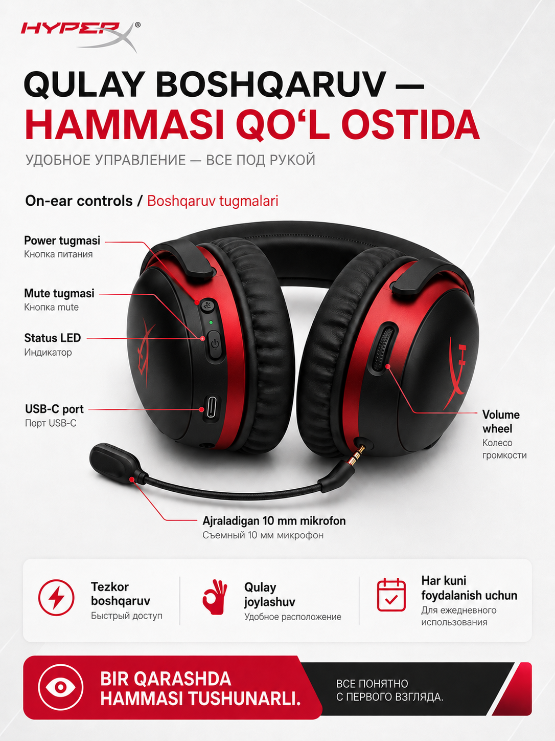 HyperX Cloud III S Wireless simsiz o'yin quloqchinlari 10 mm mikrofon bilan