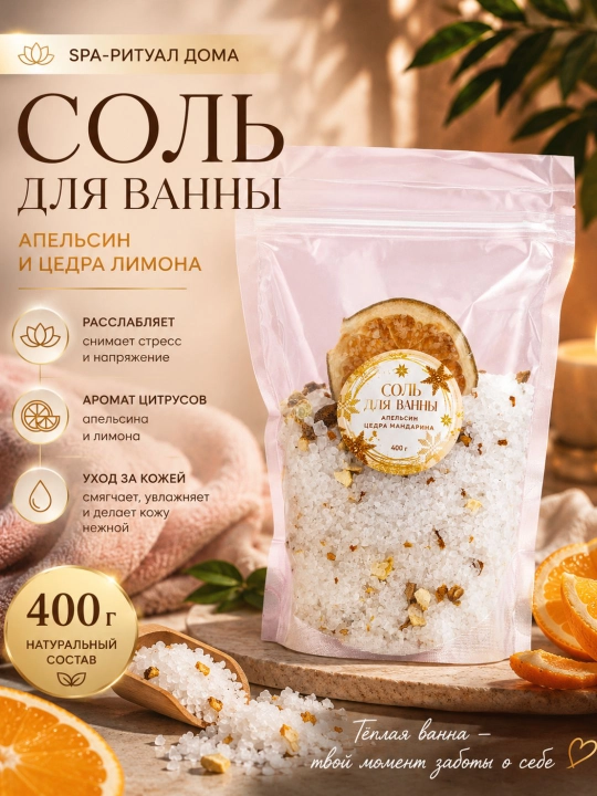 Соль для ванны с ароматом лаванды, апельсина, мандарина - 