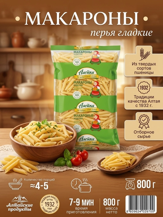 Макароны Перья гладкие "Алейка", высший сорт, без добавок и красителей,  800г - 