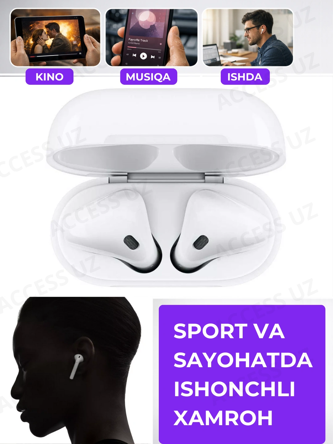 Simsiz quloqchinlar Pods 2, Bluetooth, mikrofonli naushnik, sensorli