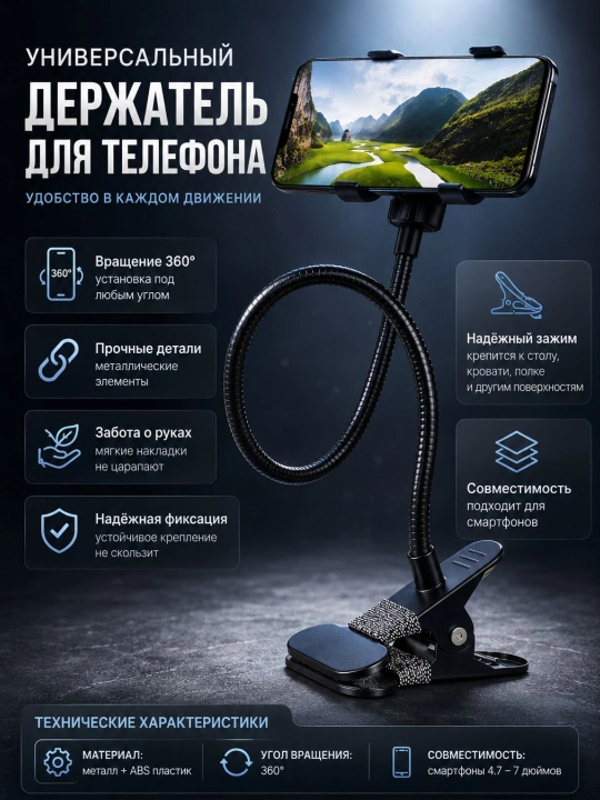 Telefon holder 360° egiluvchan qisqichli stol uchun smartfon ushlagich