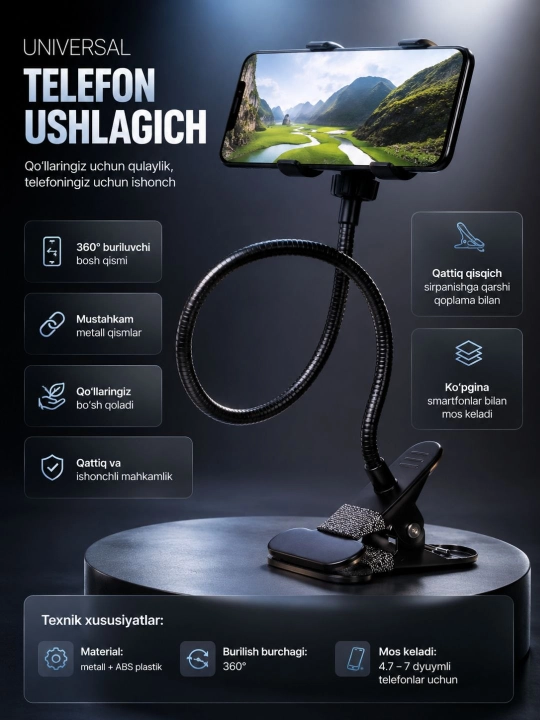 Telefon holder 360° egiluvchan qisqichli stol uchun smartfon ushlagich - 