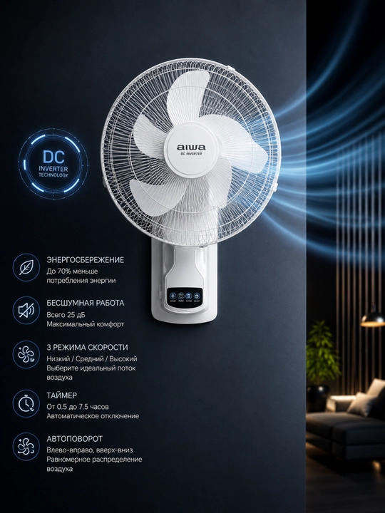 Настенный вентилятор AIWA AW-DC45W DC Inverter с пультом и таймером