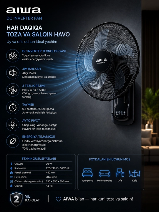 AIWA DC Inverter Devor Ventilyatori AW-DC45W, Pultli, Taymerli, Energiya Tejamkor