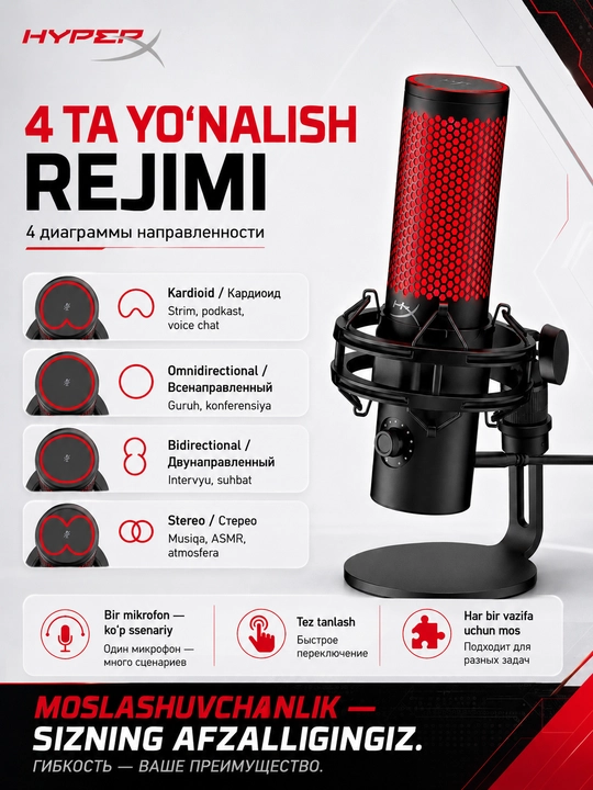 HyperX QuadCast 2 игровой USB микрофон для стриминга подкастов и ПК