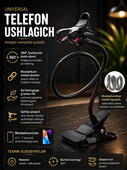 Telefon holder 360° egiluvchan qisqichli stol uchun smartfon ushlagich