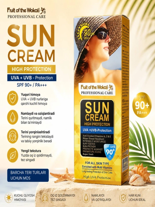 Wokali Sun Cream SPF 90+ PA+++ Oqartiruvchi va namlantiruvchi quyoshdan himoya kremi - 