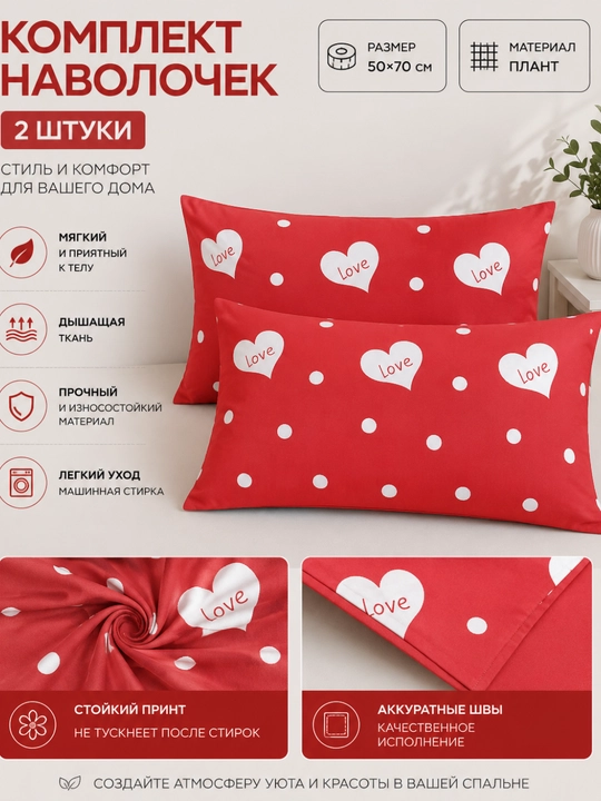 2 ta yostiq jildidan iborat to‘plam, yostiq jildining o‘lchami 50*70 sm, materiali: plant - 