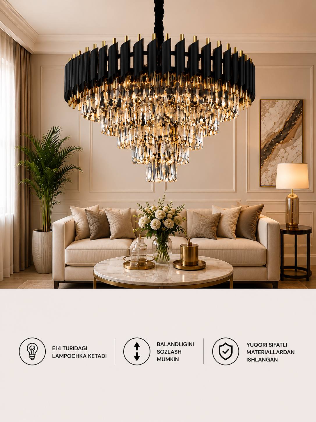 Lyustra Qandil Premium Kristall LED E14 Zamonaviy Hashamatli Model